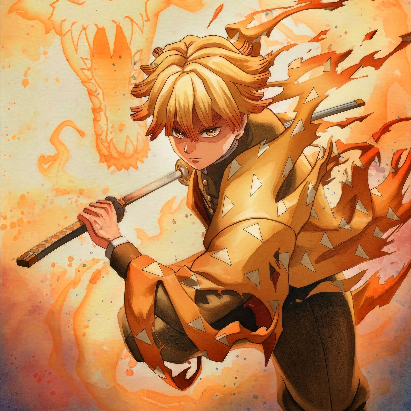 Zenitsu Agatsuma – Thunderclash Watercolor Burst | Anime Canvas Wall Art