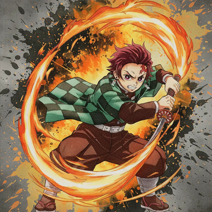 Tanjiro Kamado – Flame Strike Warrior | Dynamic Anime Fire Slash Canvas Wall Art