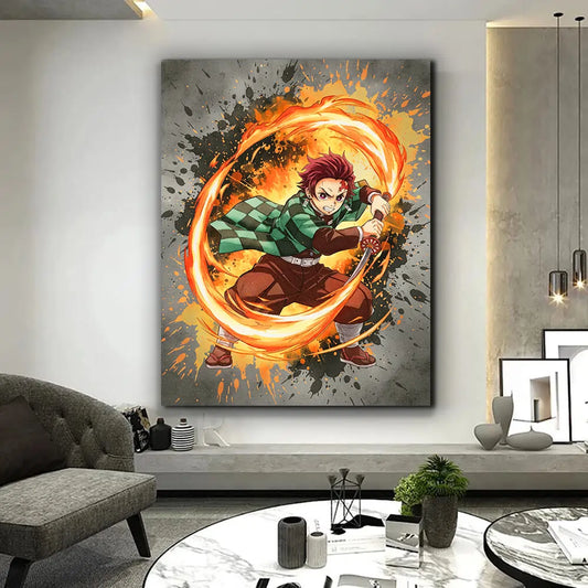 Tanjiro Kamado – Flame Strike Warrior | Dynamic Anime Fire Slash Canvas Wall Art